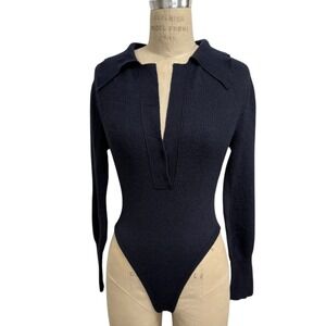 Nanushka Dane Ribbed Knit Collared Long Sleeve Bodysuit Navy Blue Wool Cashmere